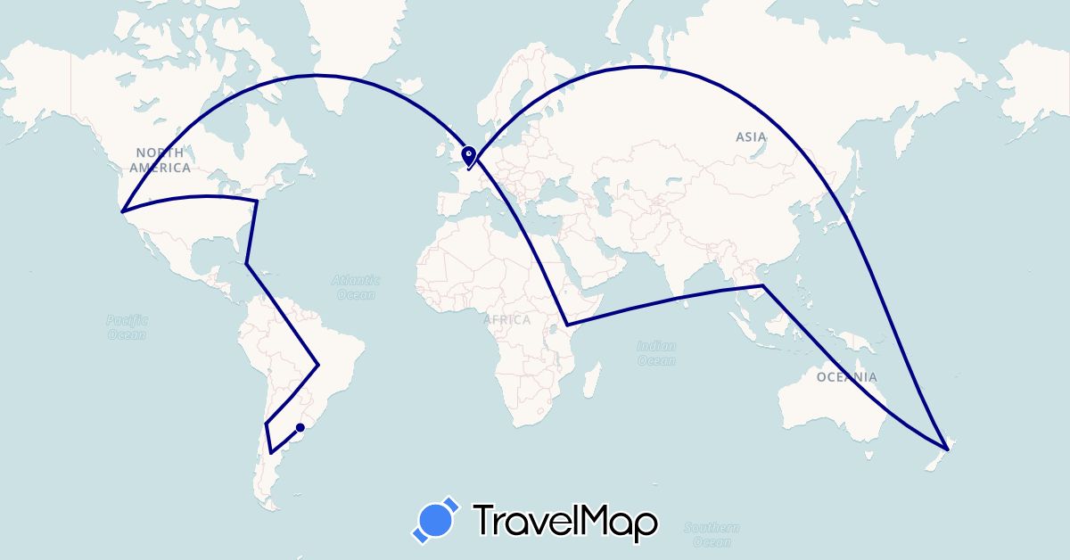 TravelMap itinerary: driving in Argentina, Brazil, Chile, Cuba, France, Japan, Kenya, New Zealand, Russia, United States, Vietnam (Africa, Asia, Europe, North America, Oceania, South America)